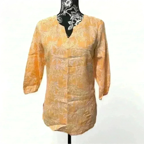 Coral Bay Golden Yellow/White Linen Palm Tree V-Neck Blouse-Women’s Small - Picture 1 of 5